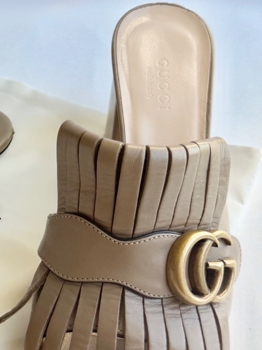 Gucci GG Marmont Fringe Mule Block Heel Beige Leather Size 6 - Picture 6 of 8